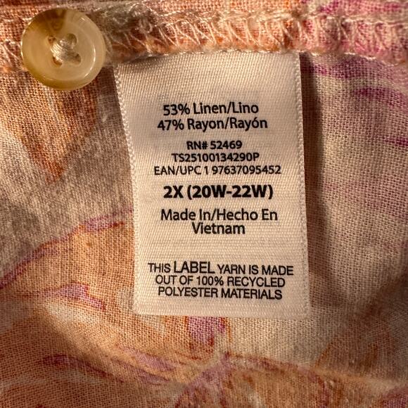 Terra & Sky 2X-Large (20W/22W) Top Button-Up Cuffed Dolman Sleeves Linen Blend - Picture 8 of 9